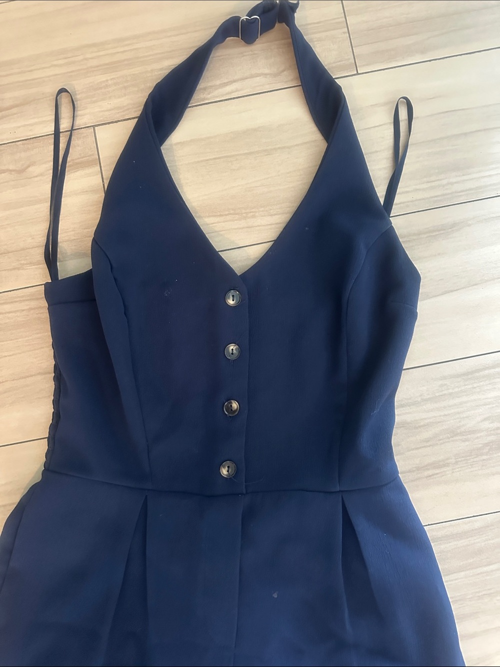 Navy Halter Wide-Leg Jumpsuit with Button Front - Picture 3 of 7